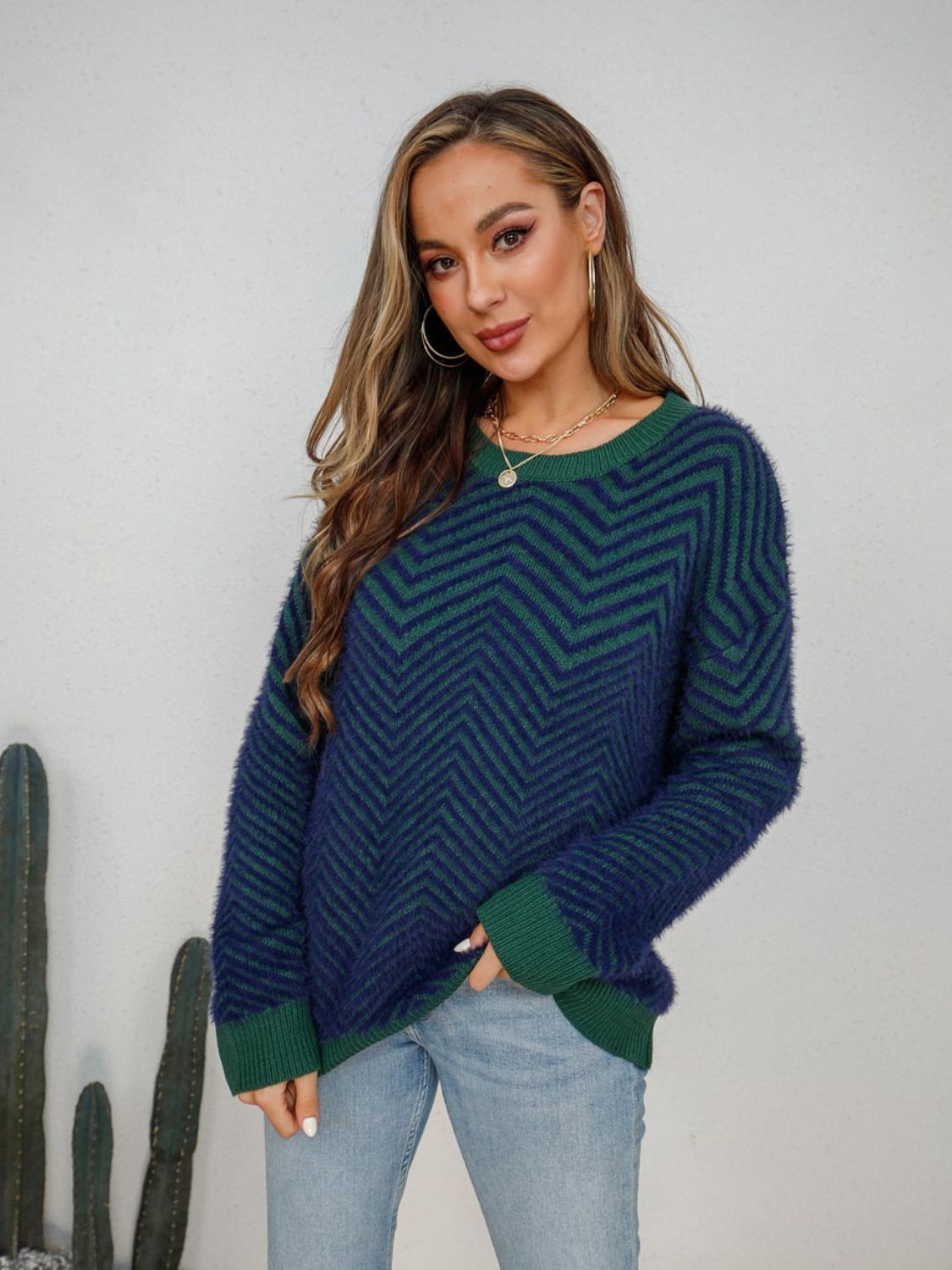 Round Neck Long Sleeve Sweater BLUE ZONE PLANET