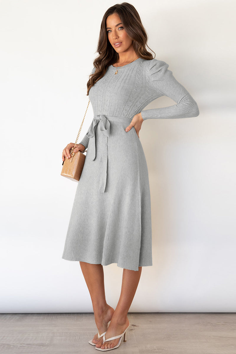 Round Neck Long Sleeve Tie Waist Sweater Dress BLUE ZONE PLANET