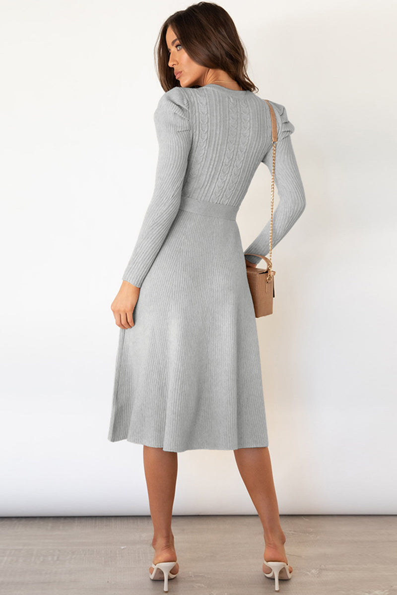 Round Neck Long Sleeve Tie Waist Sweater Dress BLUE ZONE PLANET