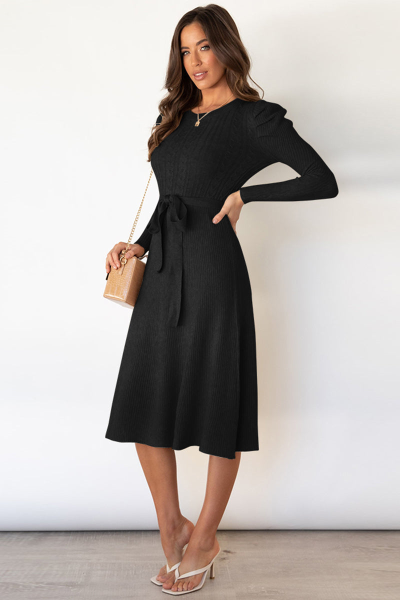 Round Neck Long Sleeve Tie Waist Sweater Dress BLUE ZONE PLANET