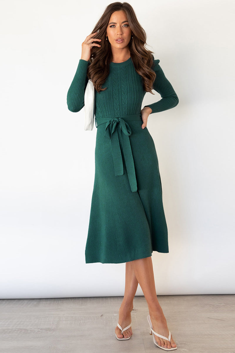 Round Neck Long Sleeve Tie Waist Sweater Dress BLUE ZONE PLANET