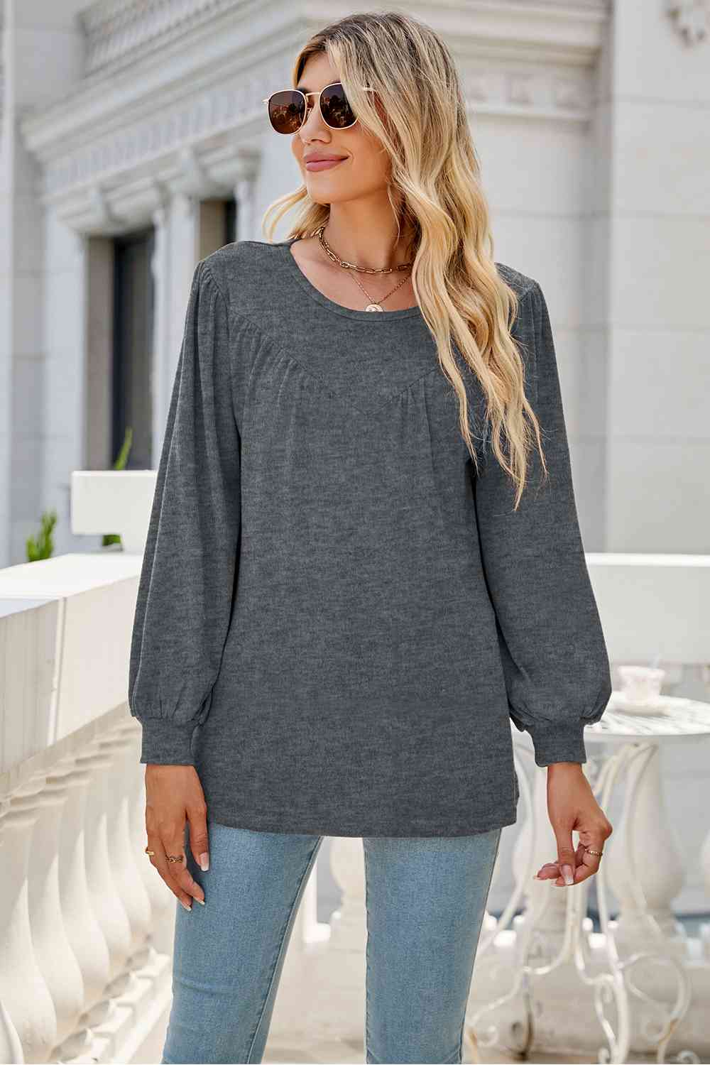 Round Neck Long Sleeve Top BLUE ZONE PLANET