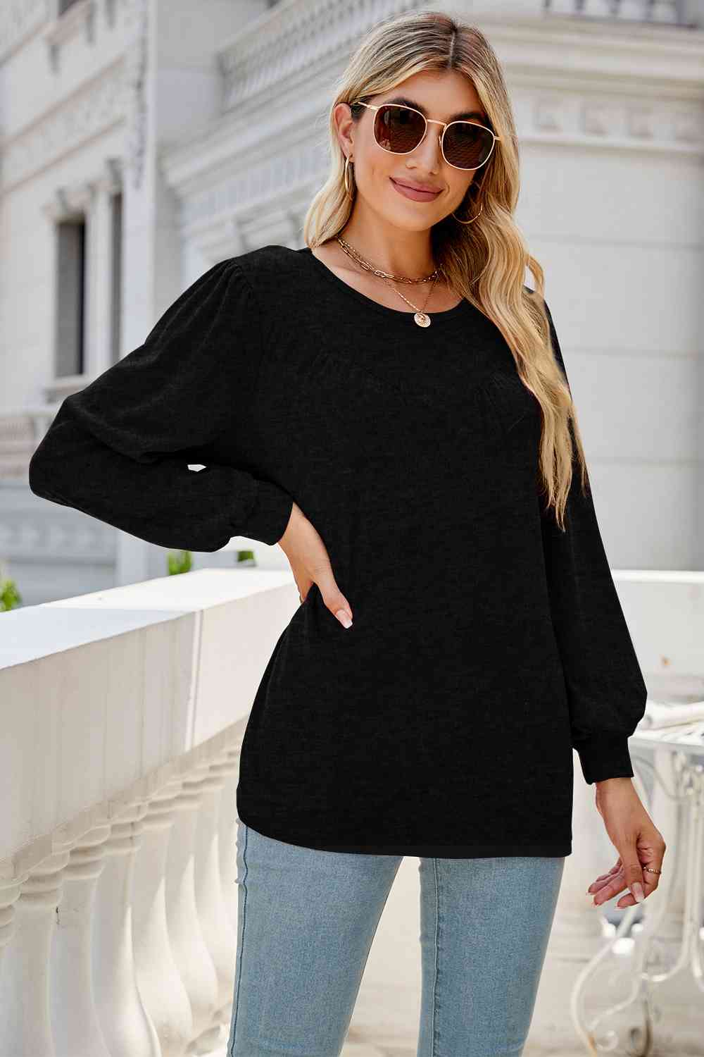 Round Neck Long Sleeve Top BLUE ZONE PLANET