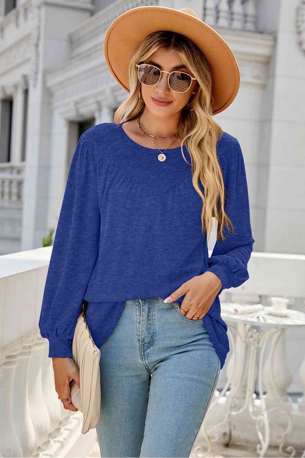 Round Neck Long Sleeve Top BLUE ZONE PLANET