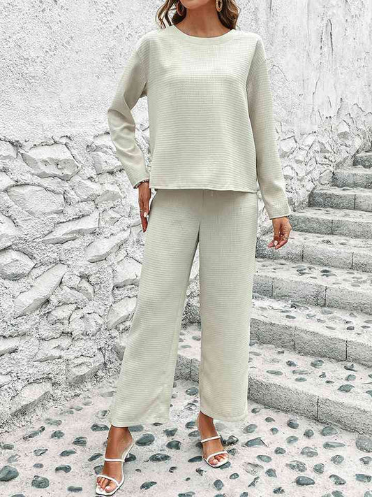 Round Neck Long Sleeve Top and Pants Set BLUE ZONE PLANET
