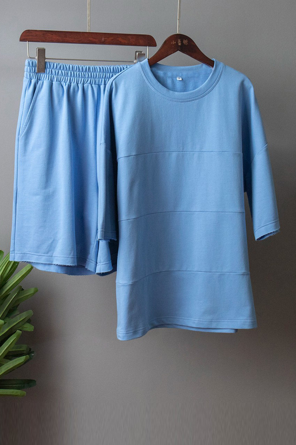 Round Neck Long Sleeve Top and Shorts Set BLUE ZONE PLANET