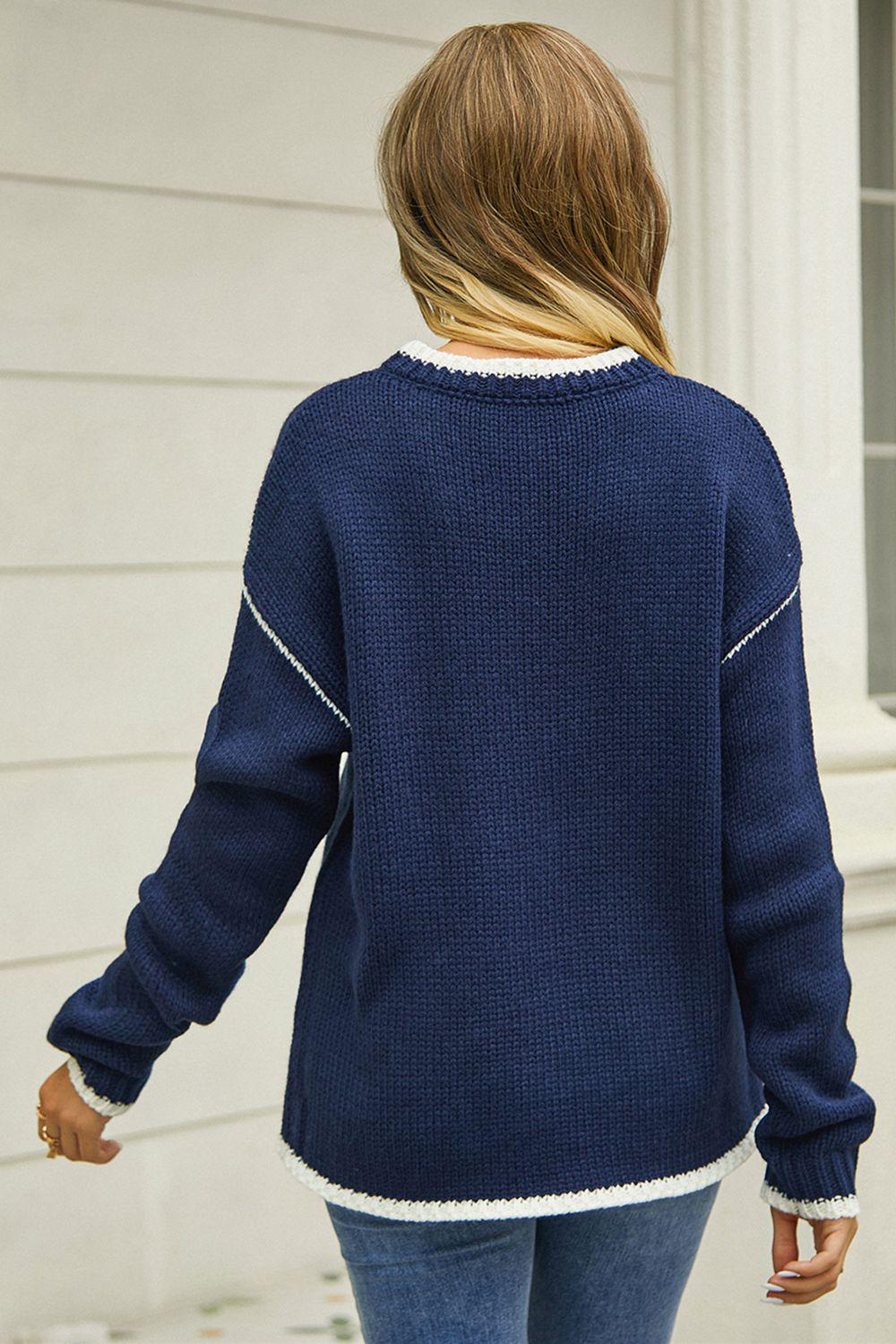 Round Neck Long Sleeve Waffle-Knit Sweater BLUE ZONE PLANET