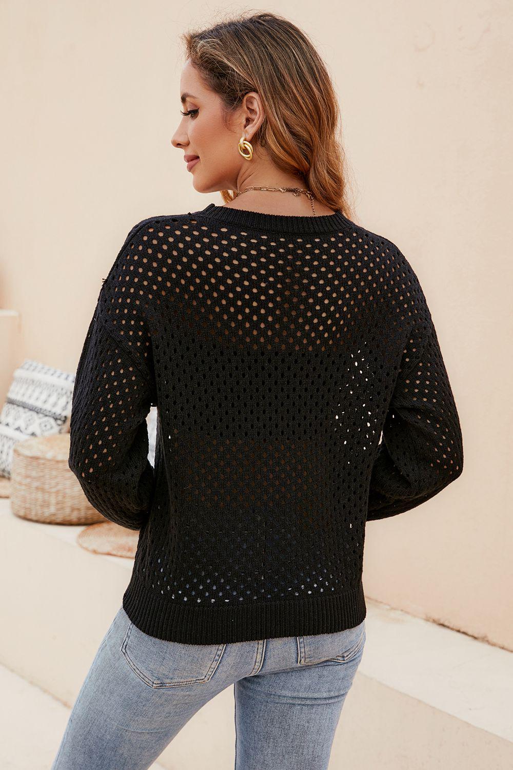 Round Neck Openwork Dropped Shoulder Knit Top BLUE ZONE PLANET