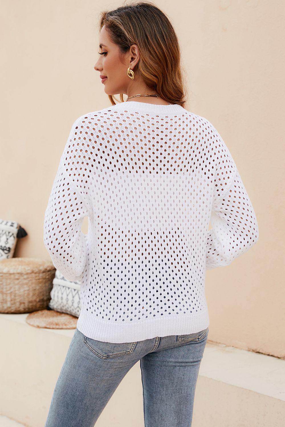 Round Neck Openwork Dropped Shoulder Knit Top BLUE ZONE PLANET