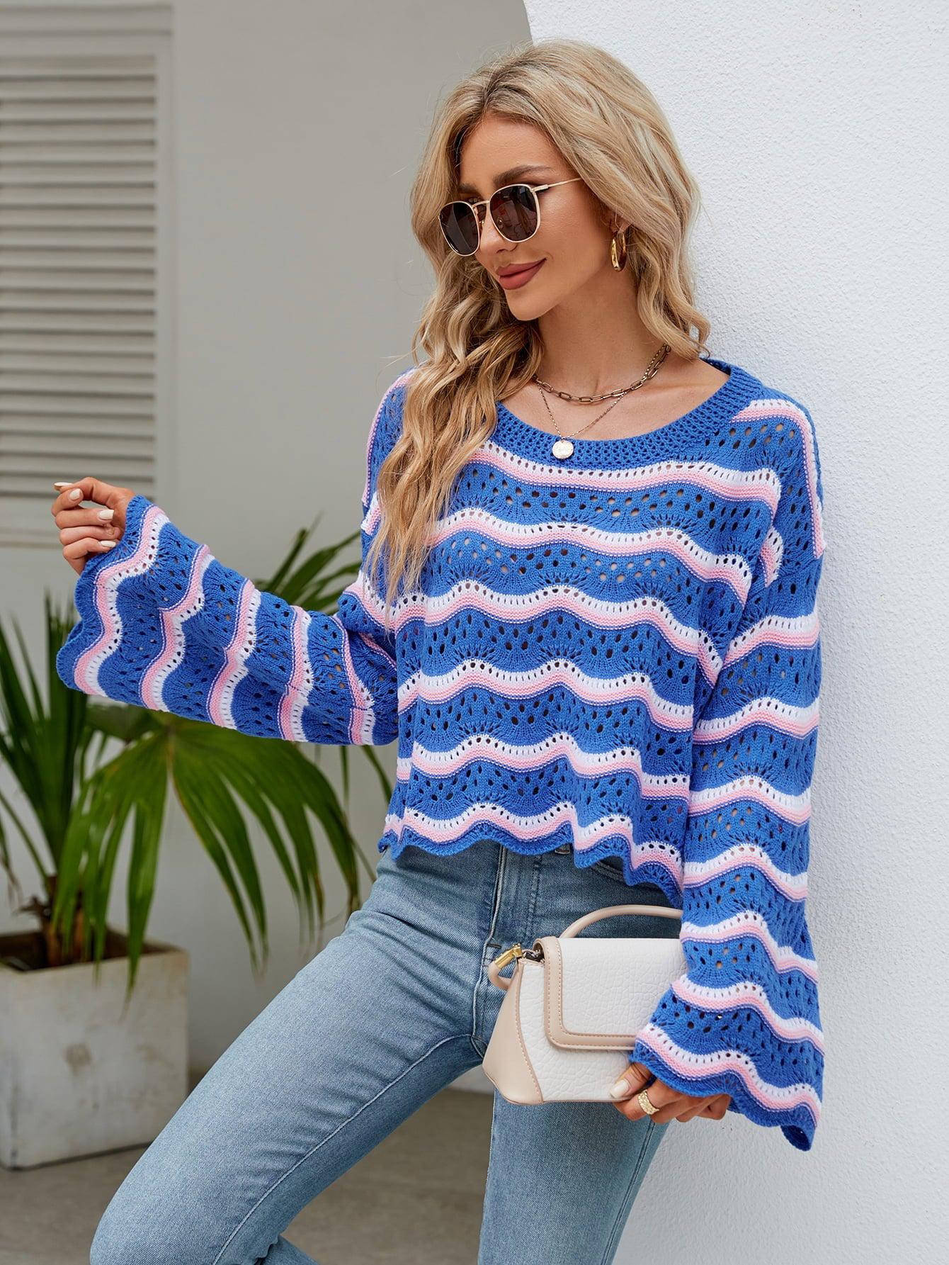 Round Neck Openwork Flare Sleeve Knit Top BLUE ZONE PLANET