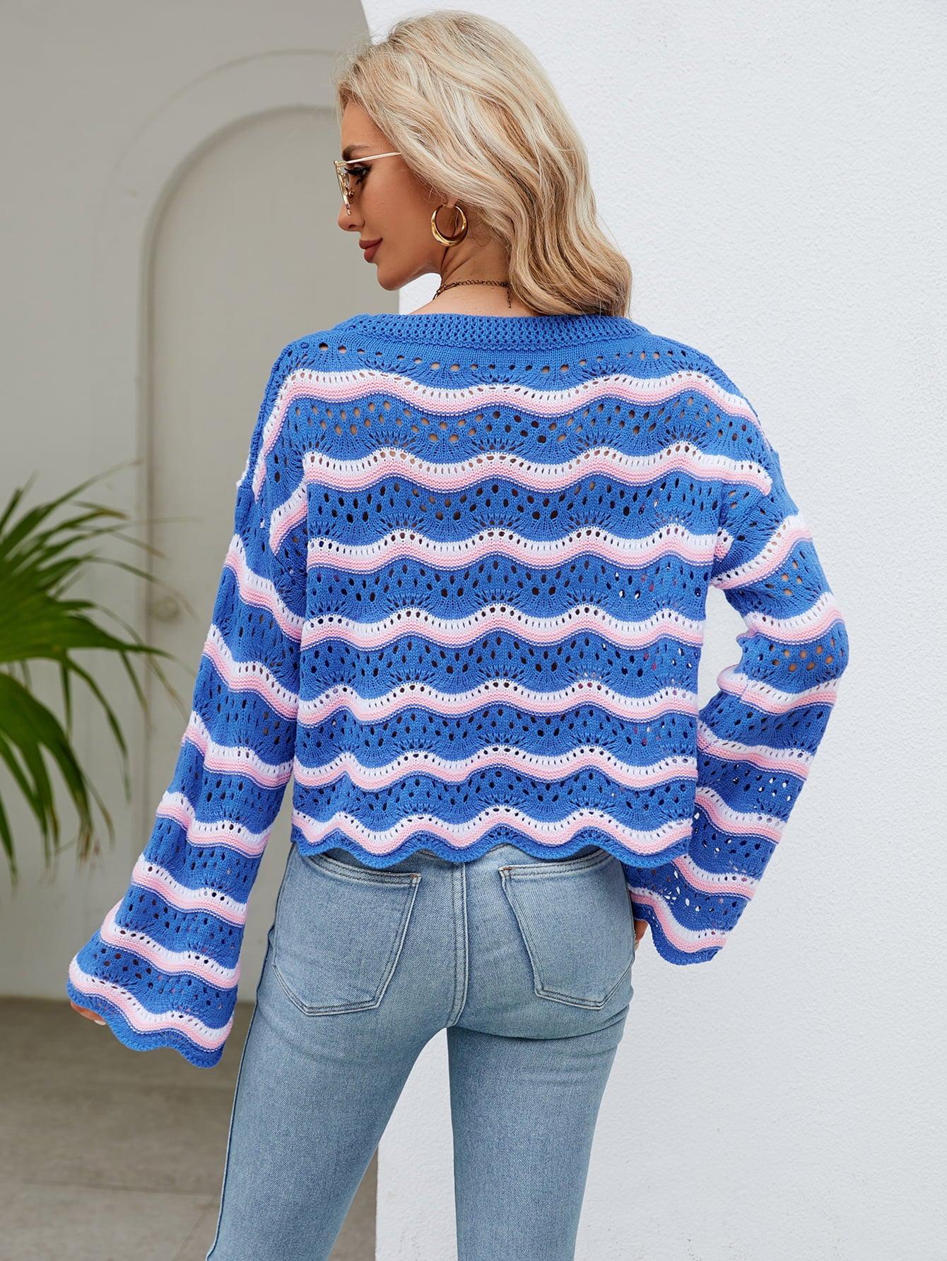 Round Neck Openwork Flare Sleeve Knit Top BLUE ZONE PLANET