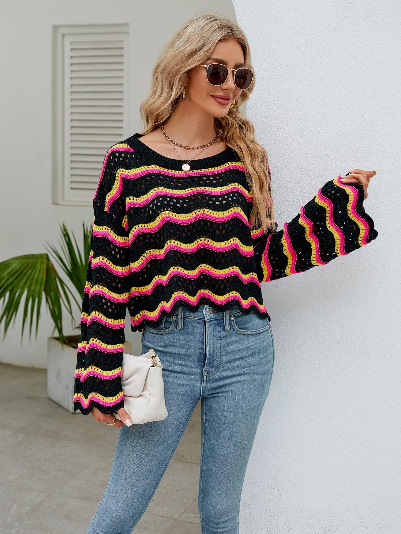 Round Neck Openwork Flare Sleeve Knit Top BLUE ZONE PLANET