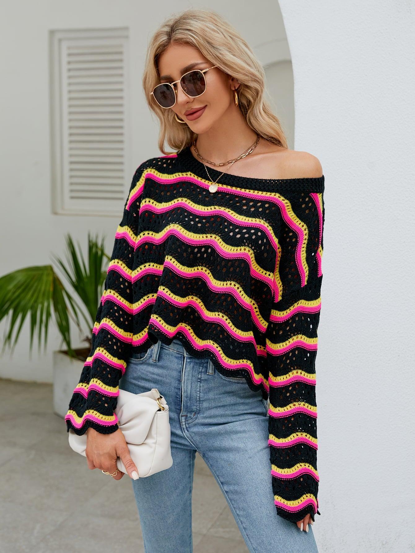 Round Neck Openwork Flare Sleeve Knit Top BLUE ZONE PLANET