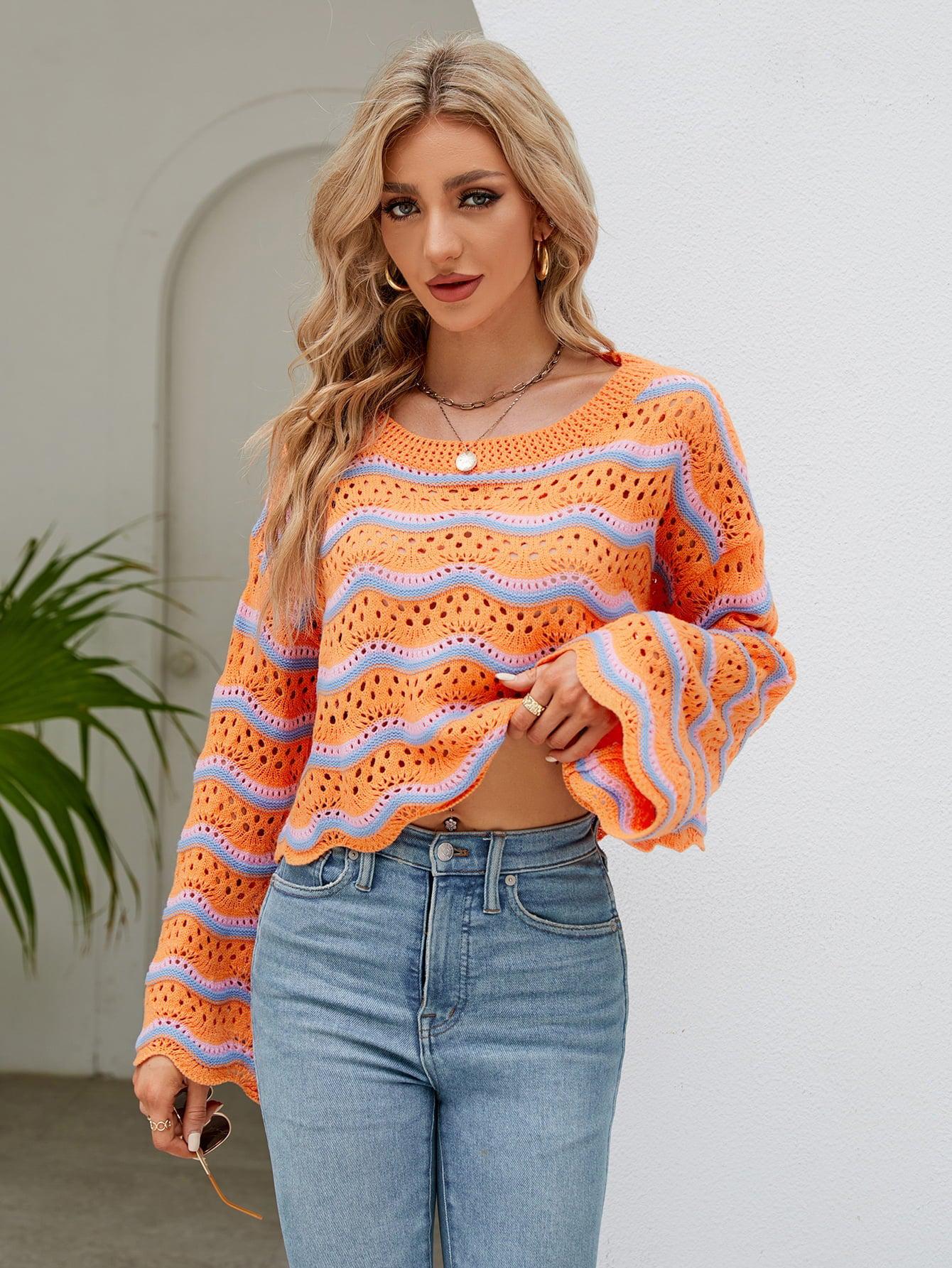 Round Neck Openwork Flare Sleeve Knit Top BLUE ZONE PLANET