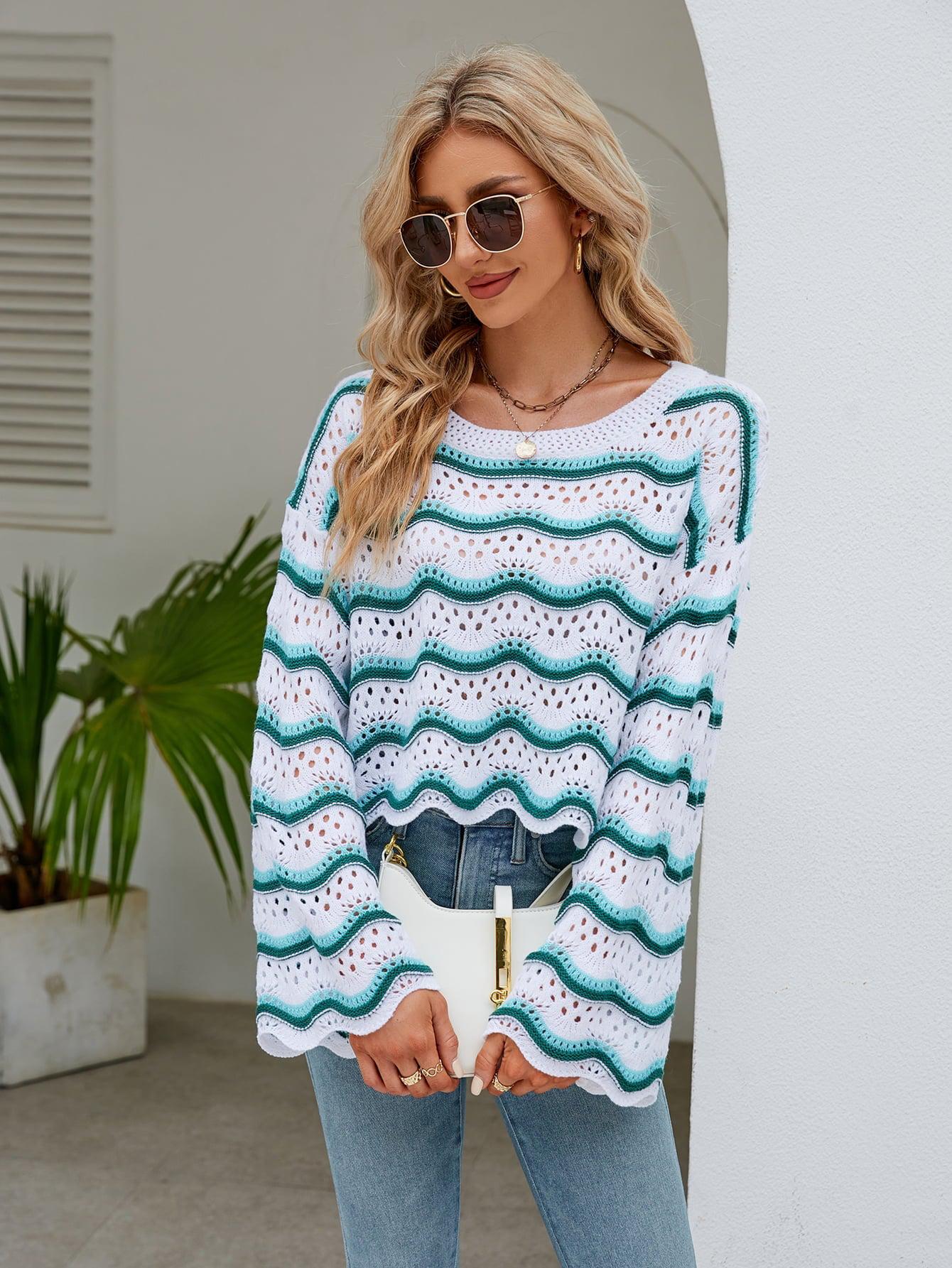 Round Neck Openwork Flare Sleeve Knit Top BLUE ZONE PLANET