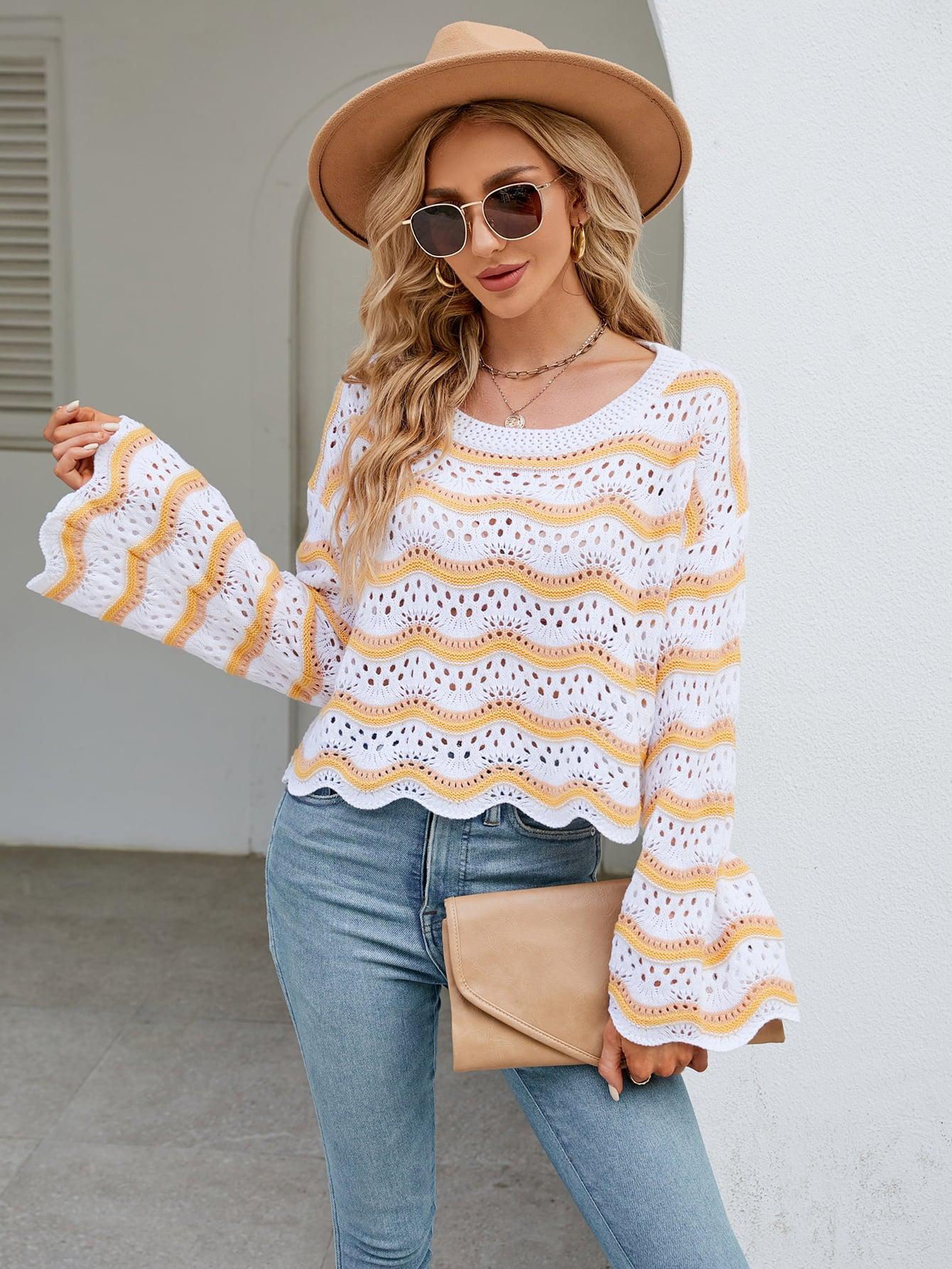 Round Neck Openwork Flare Sleeve Knit Top BLUE ZONE PLANET