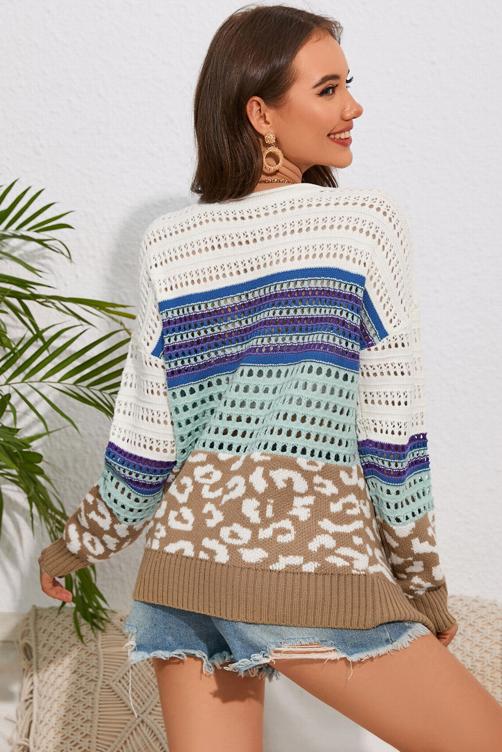 Round Neck Openwork Long Sleeve Knit Top BLUE ZONE PLANET