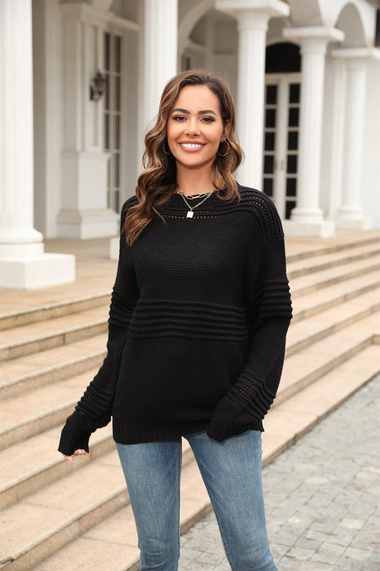 Round Neck Openwork Long Sleeve Pullover Sweater BLUE ZONE PLANET