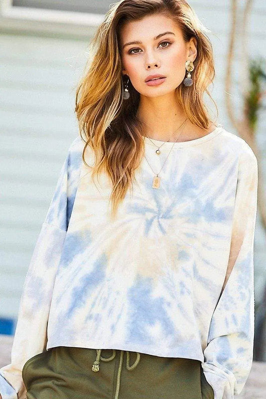 Round Neck Oversize Fit Crop Tie-Dye French Terry Pullover Blue Zone Planet