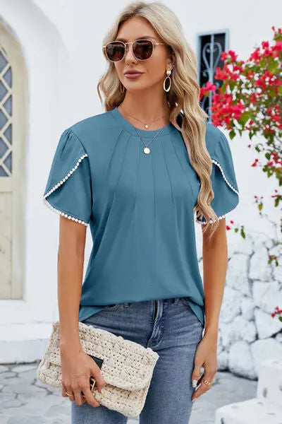 Round Neck Petal Sleeve T-Shirt BLUE ZONE PLANET