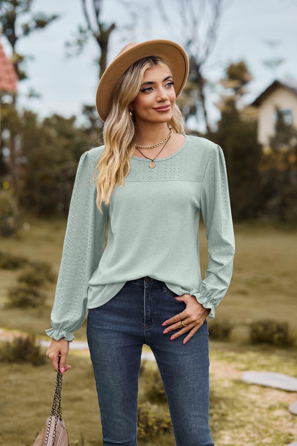 Round Neck Puff Sleeve Blouse BLUE ZONE PLANET