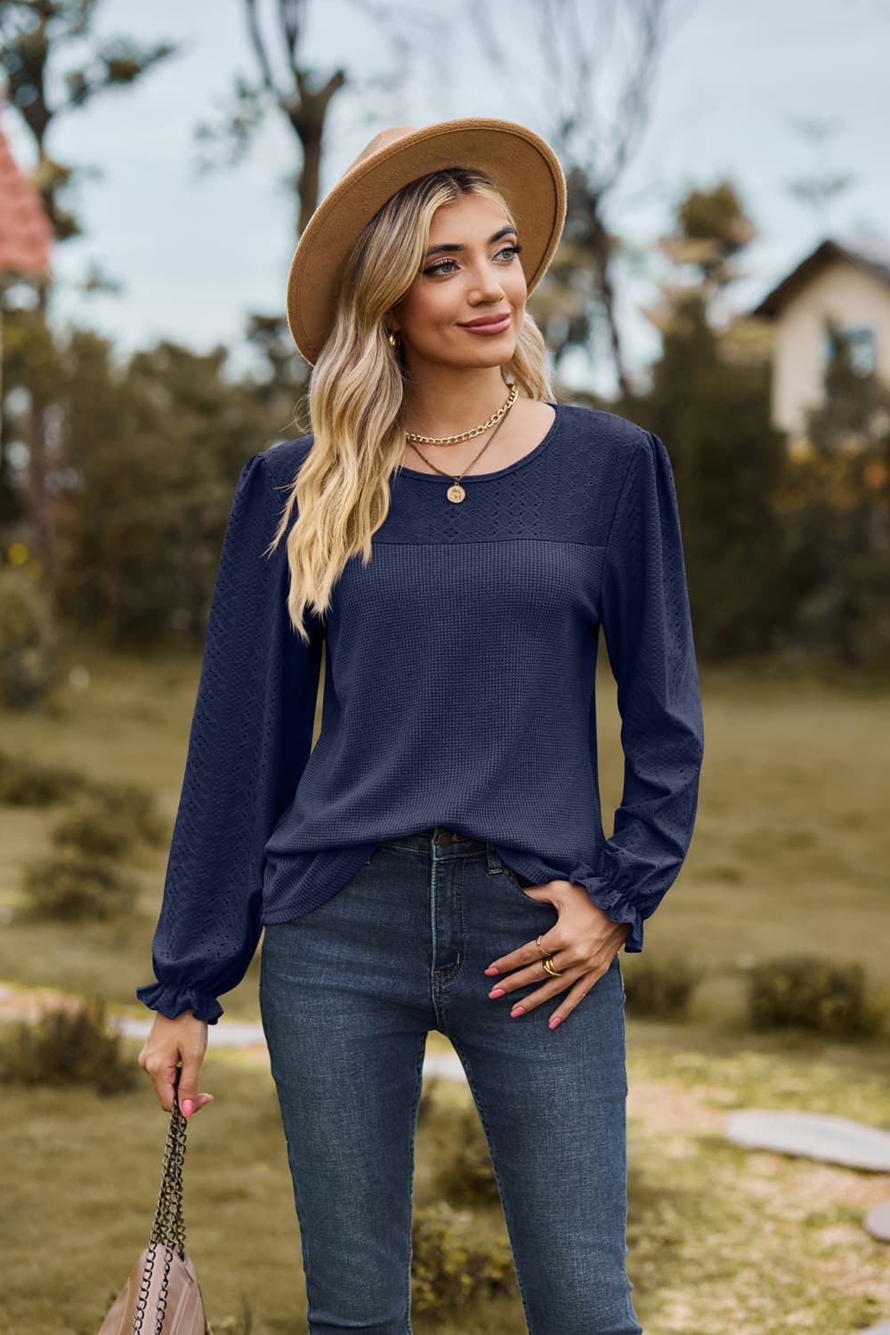 Round Neck Puff Sleeve Blouse BLUE ZONE PLANET