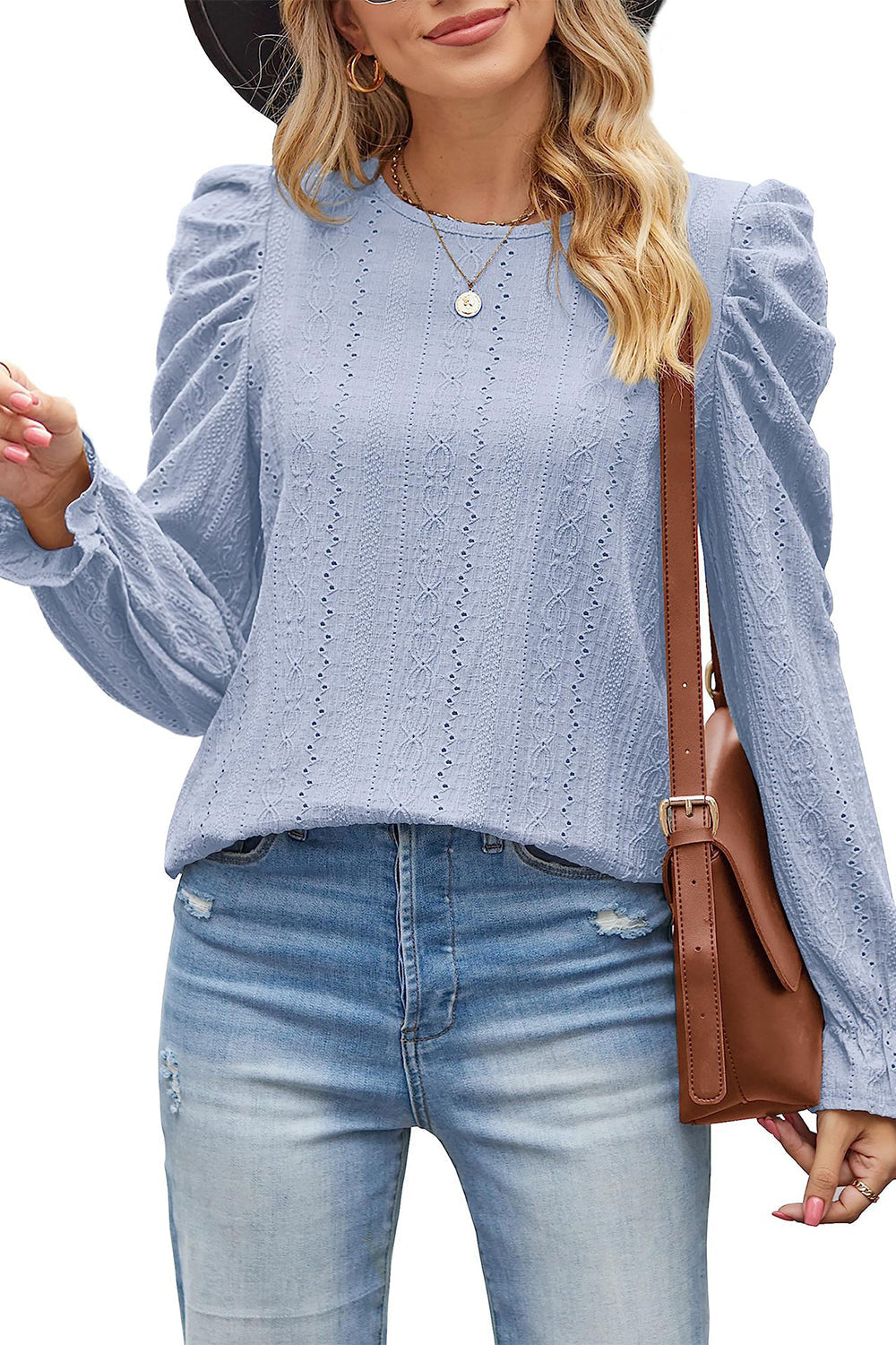 Round Neck Puff Sleeve Blouse BLUE ZONE PLANET