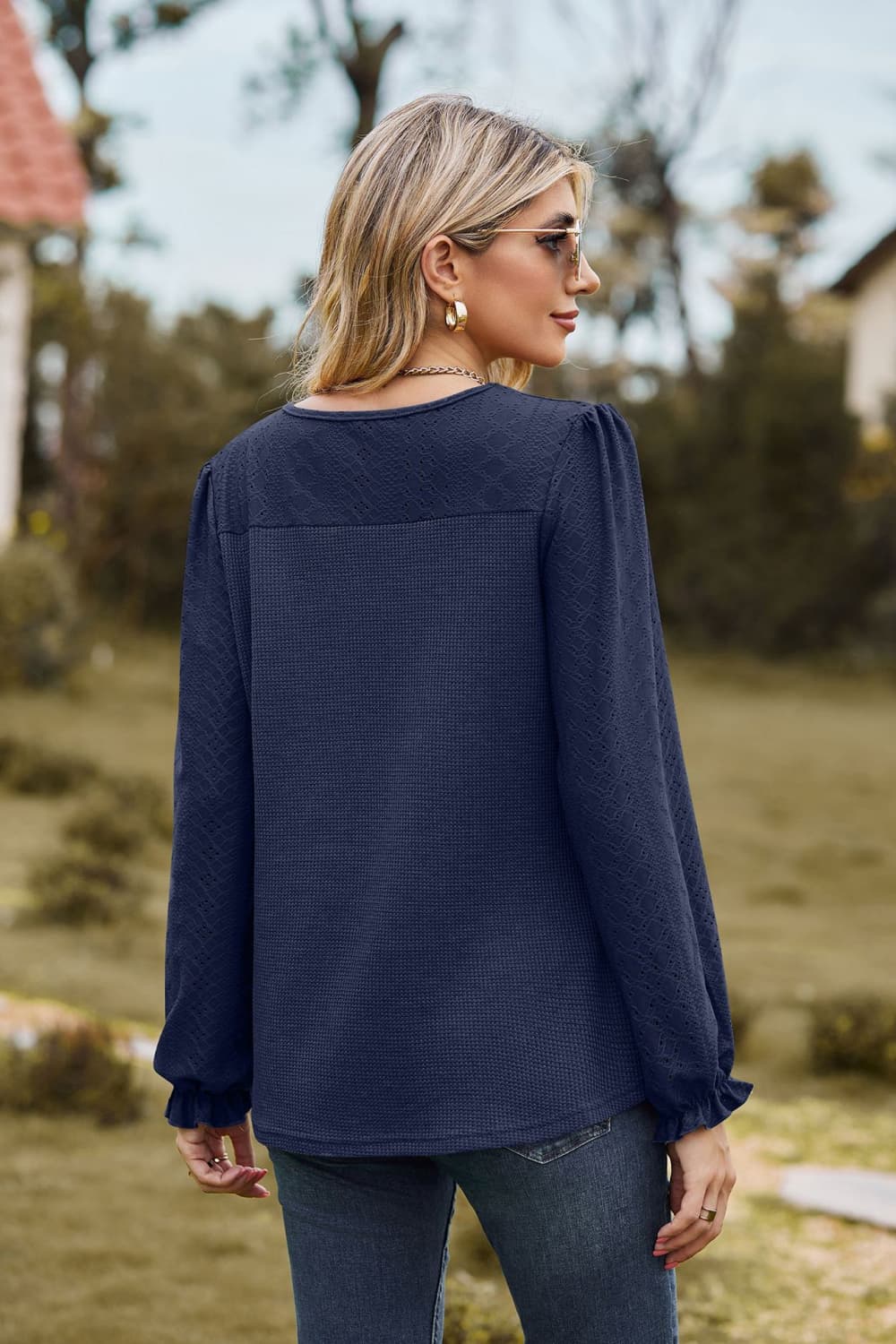 Round Neck Puff Sleeve Blouse BLUE ZONE PLANET