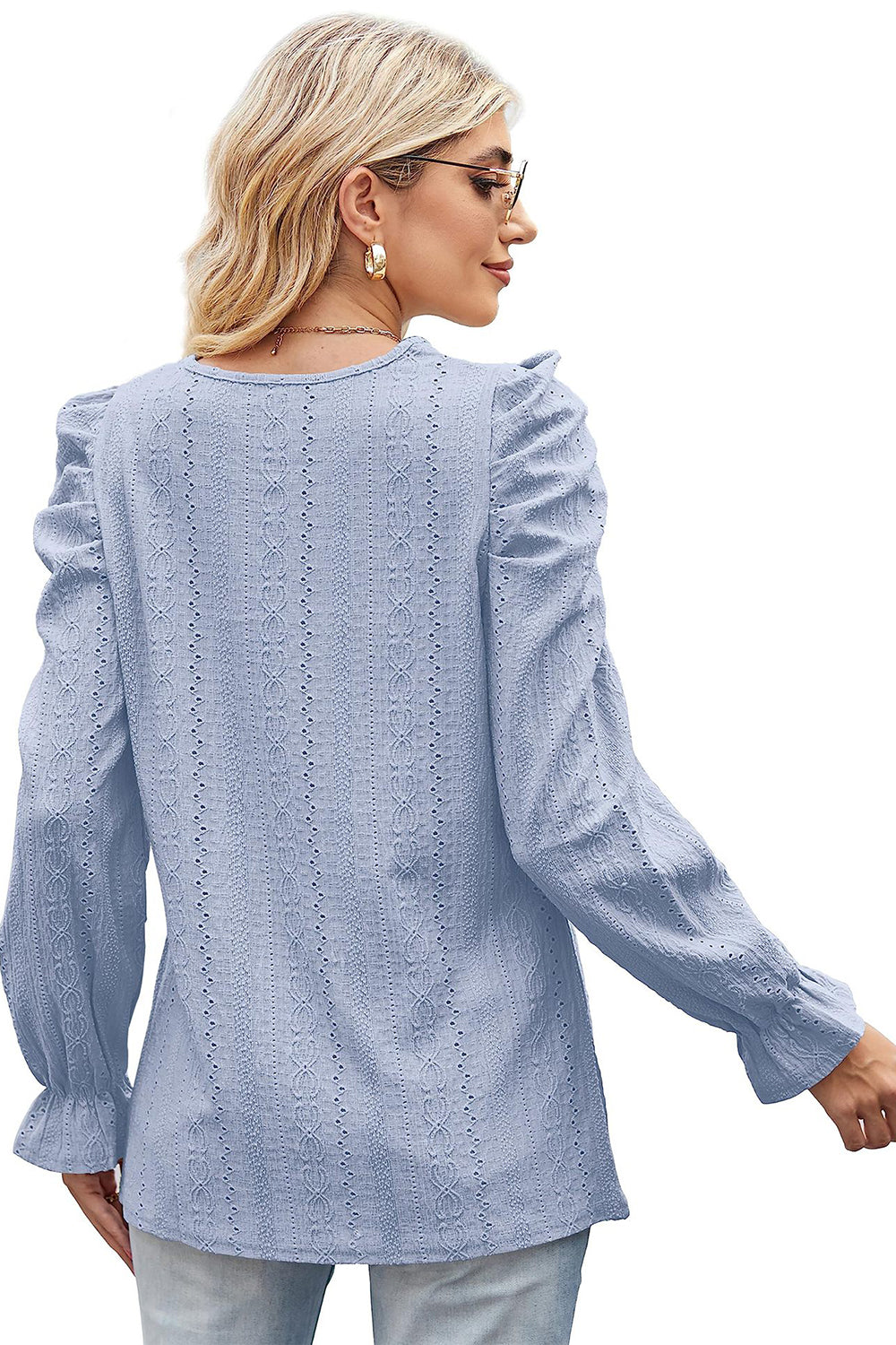 Round Neck Puff Sleeve Blouse BLUE ZONE PLANET