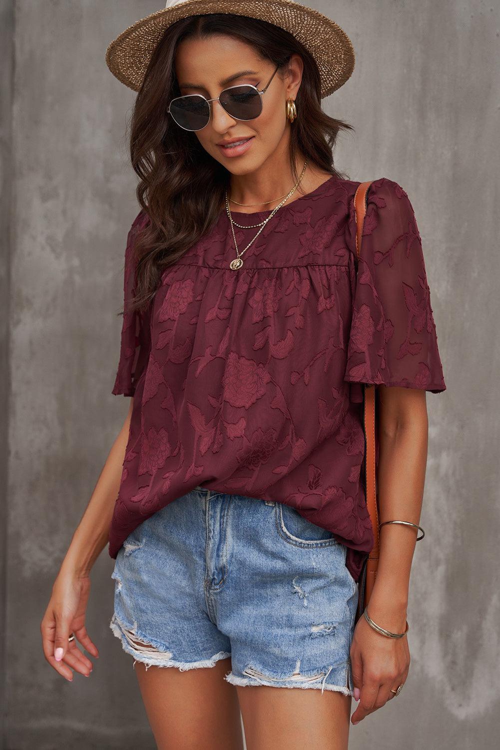 Round Neck Puff Sleeve Blouse BLUE ZONE PLANET