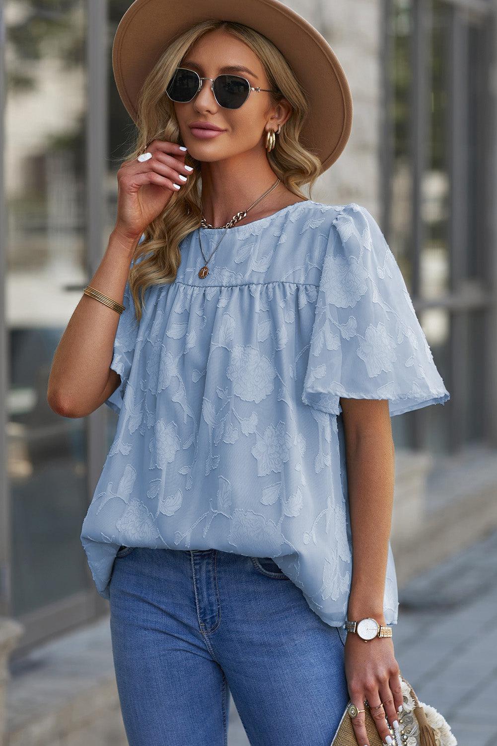 Round Neck Puff Sleeve Blouse BLUE ZONE PLANET