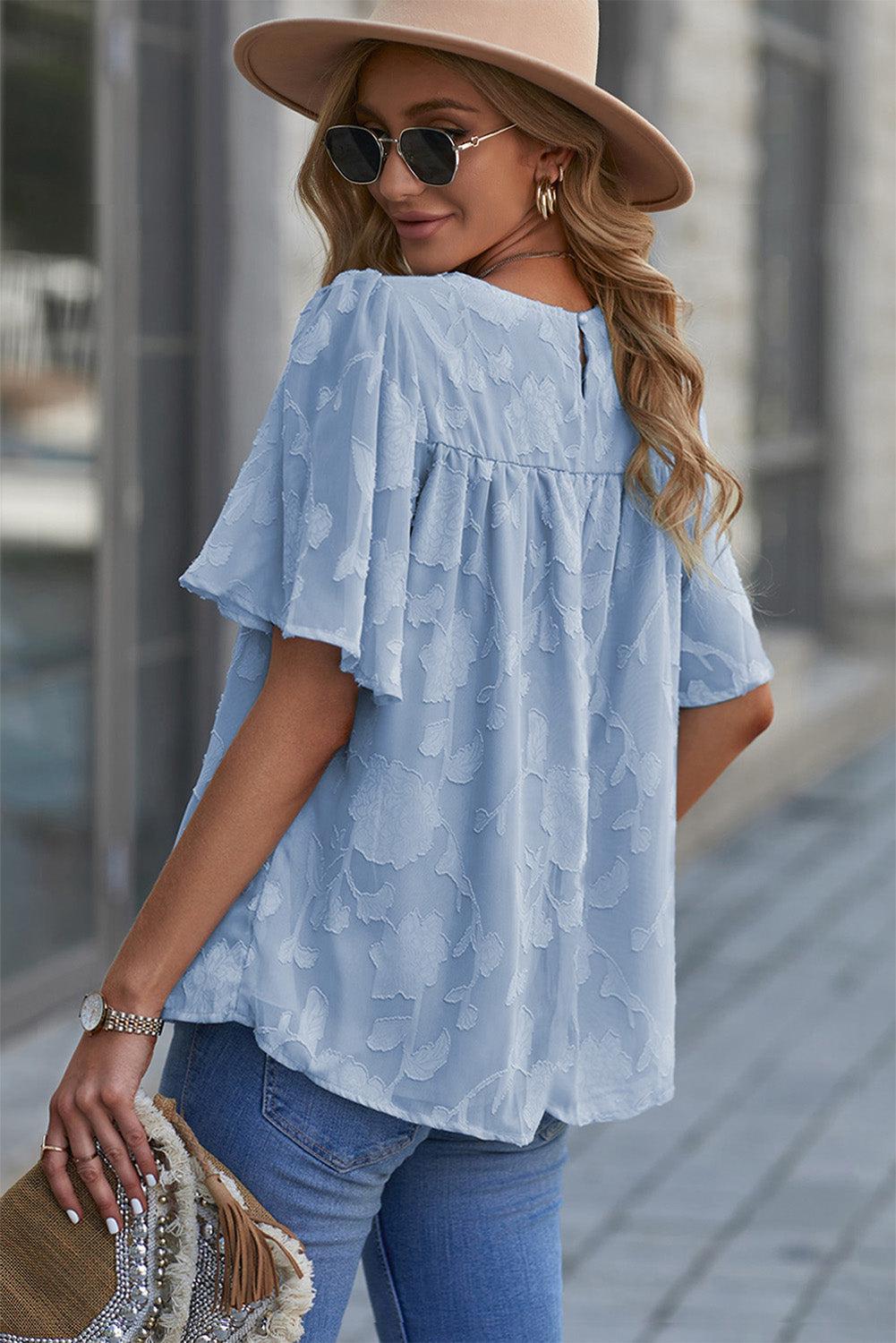 Round Neck Puff Sleeve Blouse BLUE ZONE PLANET