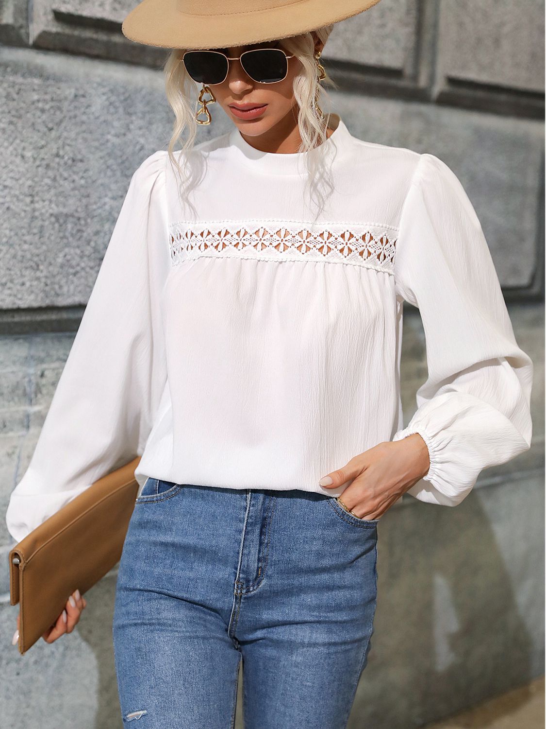 Round Neck Puff Sleeve Blouse BLUE ZONE PLANET