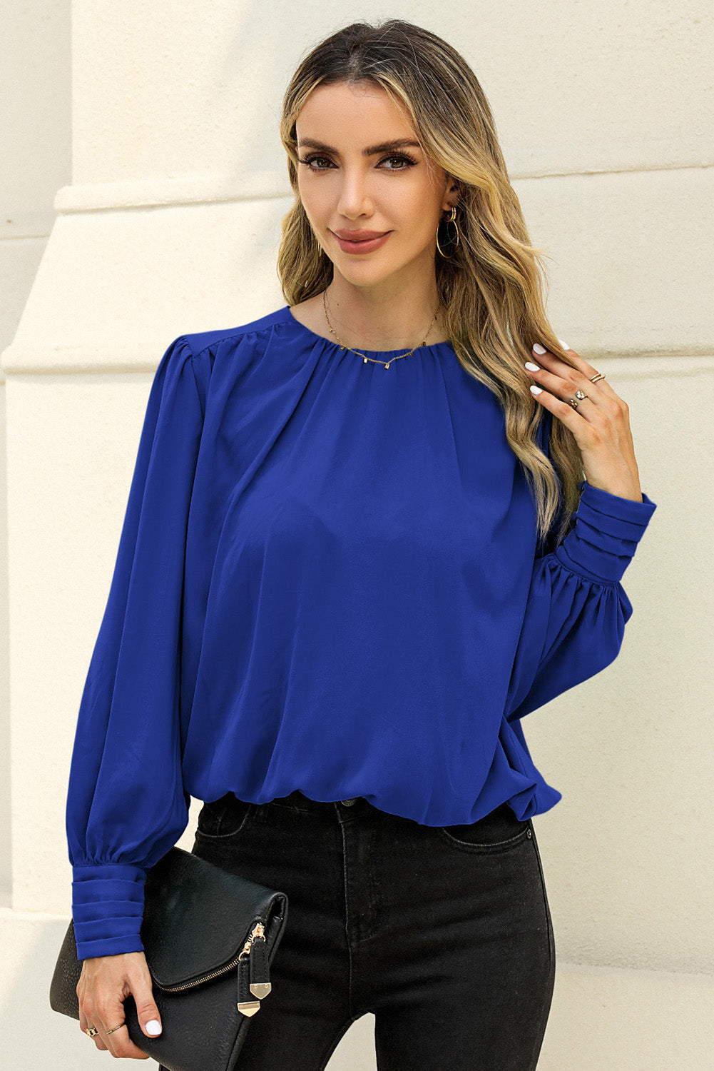 Round Neck Puff Sleeve Blouse BLUE ZONE PLANET