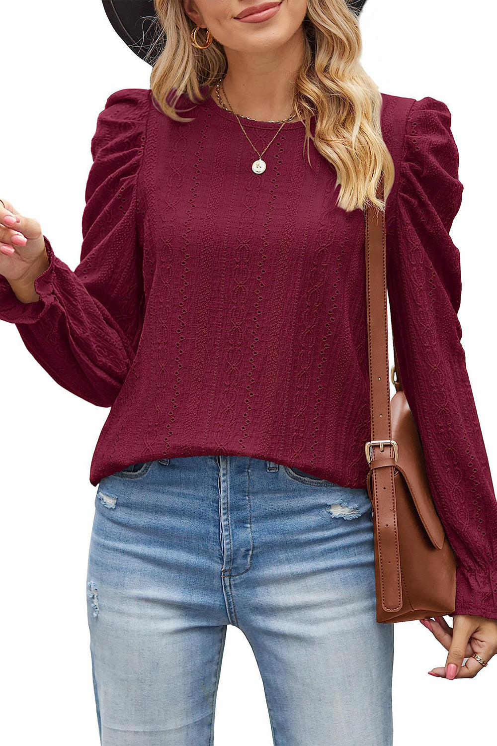 Round Neck Puff Sleeve Blouse BLUE ZONE PLANET