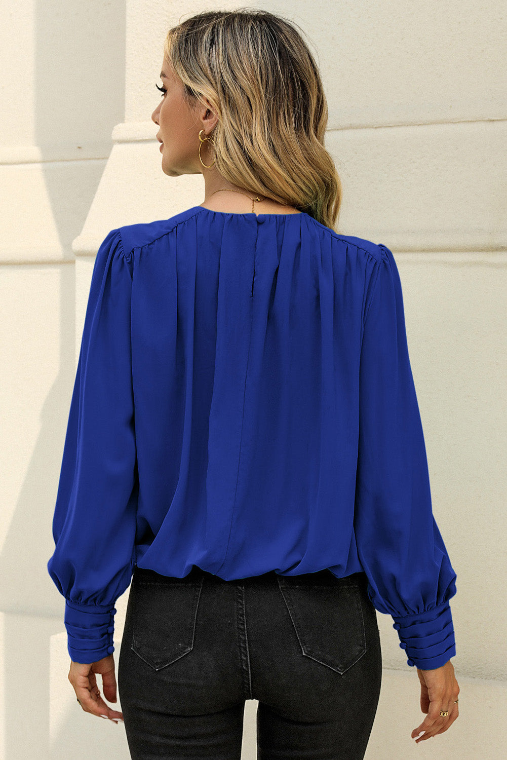 Round Neck Puff Sleeve Blouse BLUE ZONE PLANET