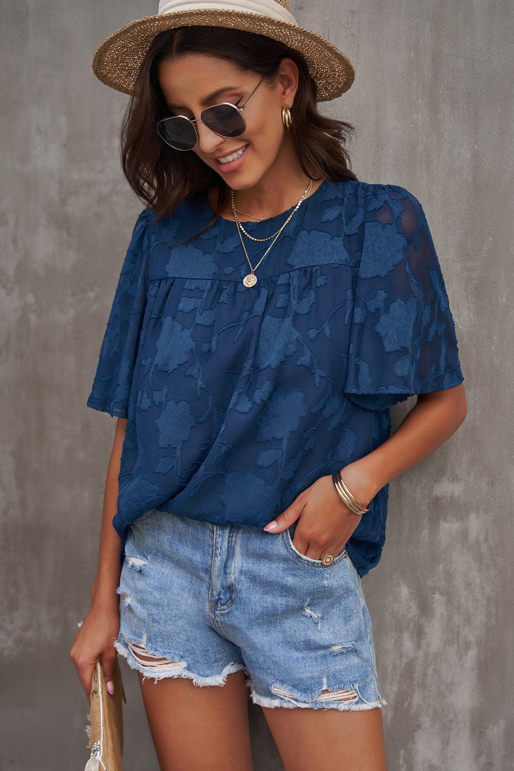 Round Neck Puff Sleeve Blouse BLUE ZONE PLANET