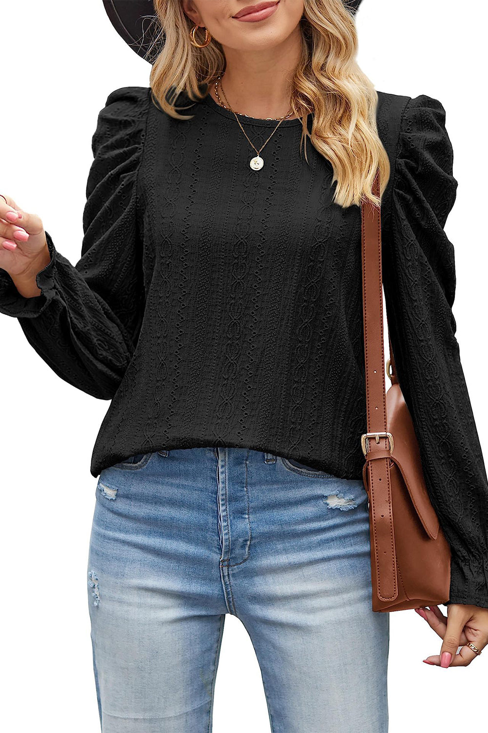 Round Neck Puff Sleeve Blouse BLUE ZONE PLANET