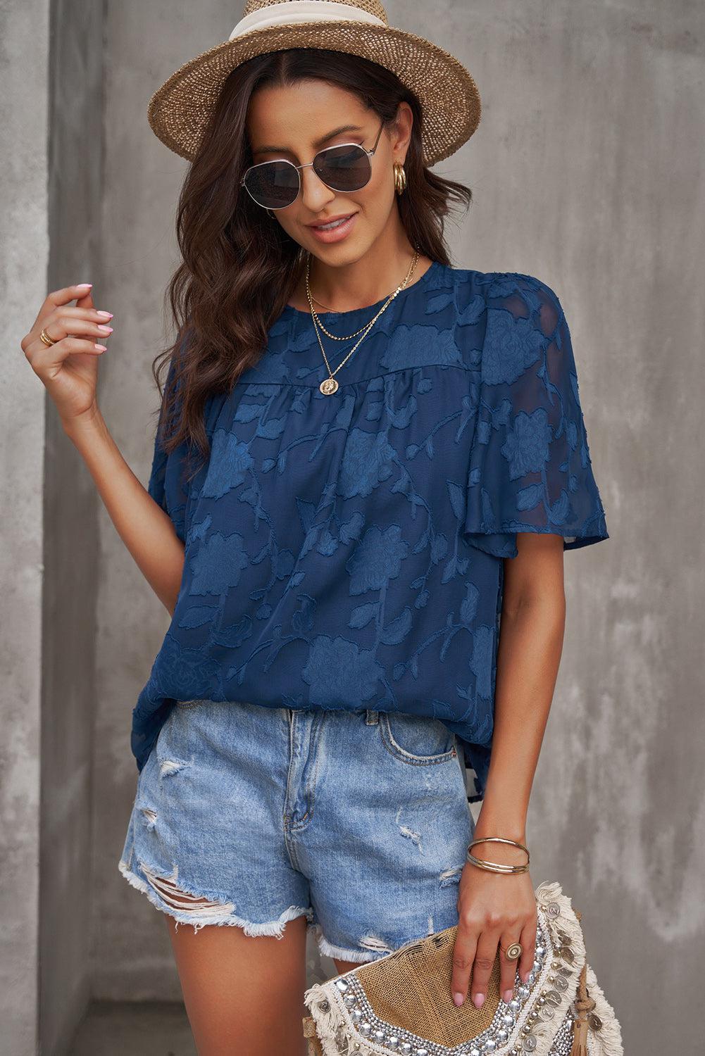 Round Neck Puff Sleeve Blouse BLUE ZONE PLANET