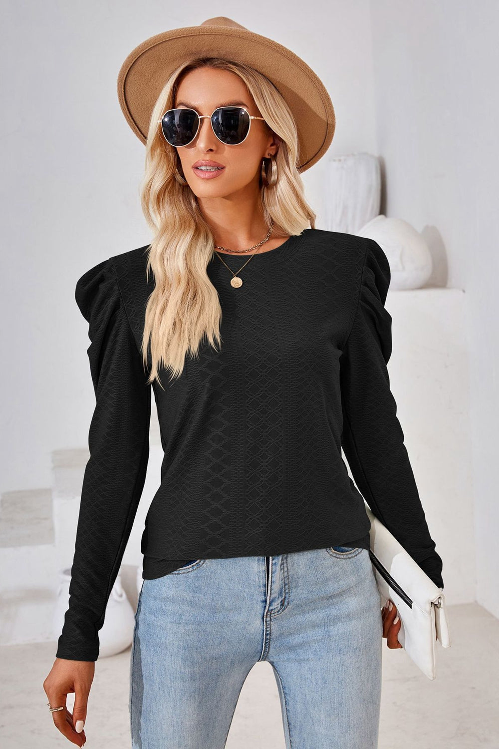 Round Neck Puff Sleeve Blouse BLUE ZONE PLANET