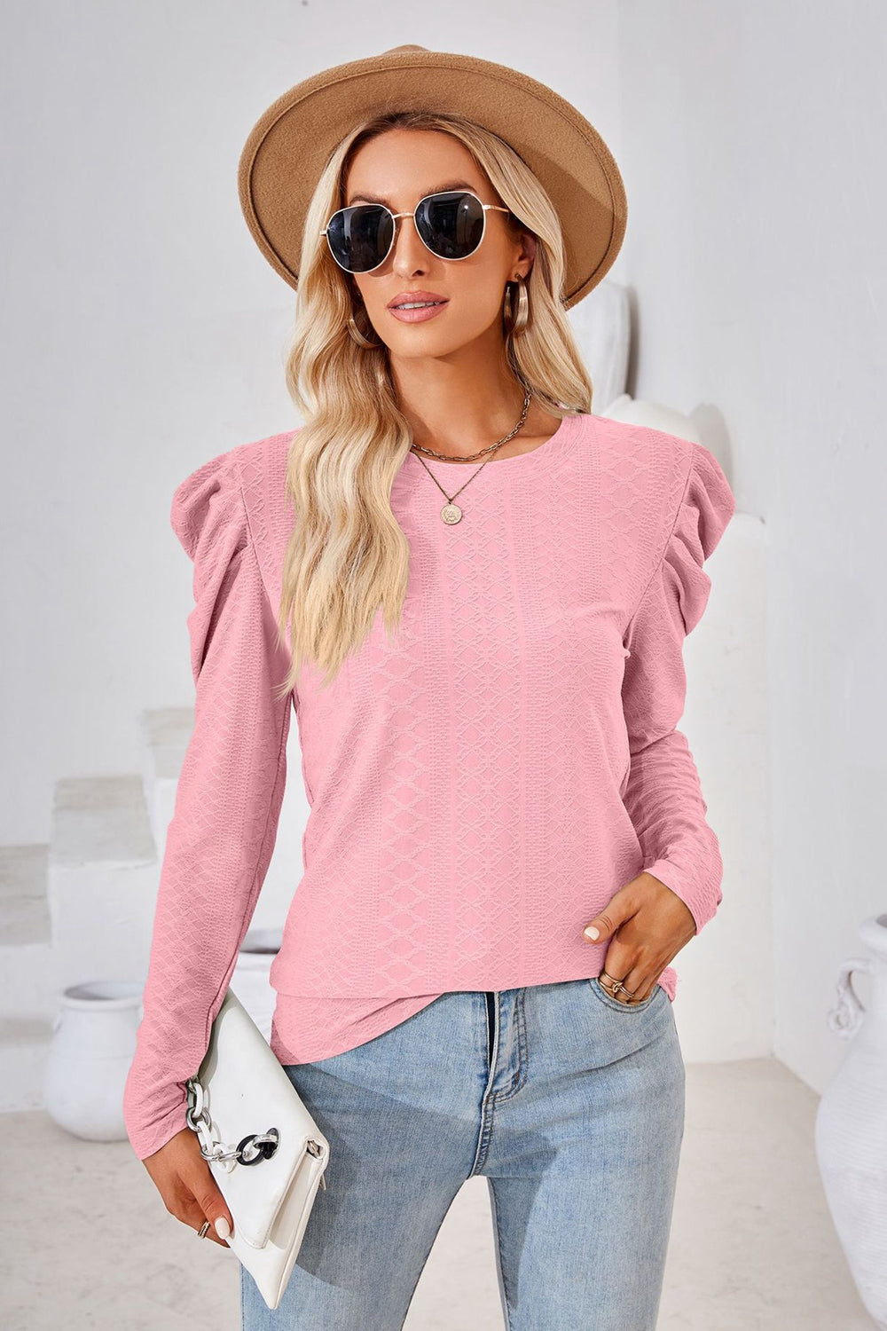 Round Neck Puff Sleeve Blouse BLUE ZONE PLANET