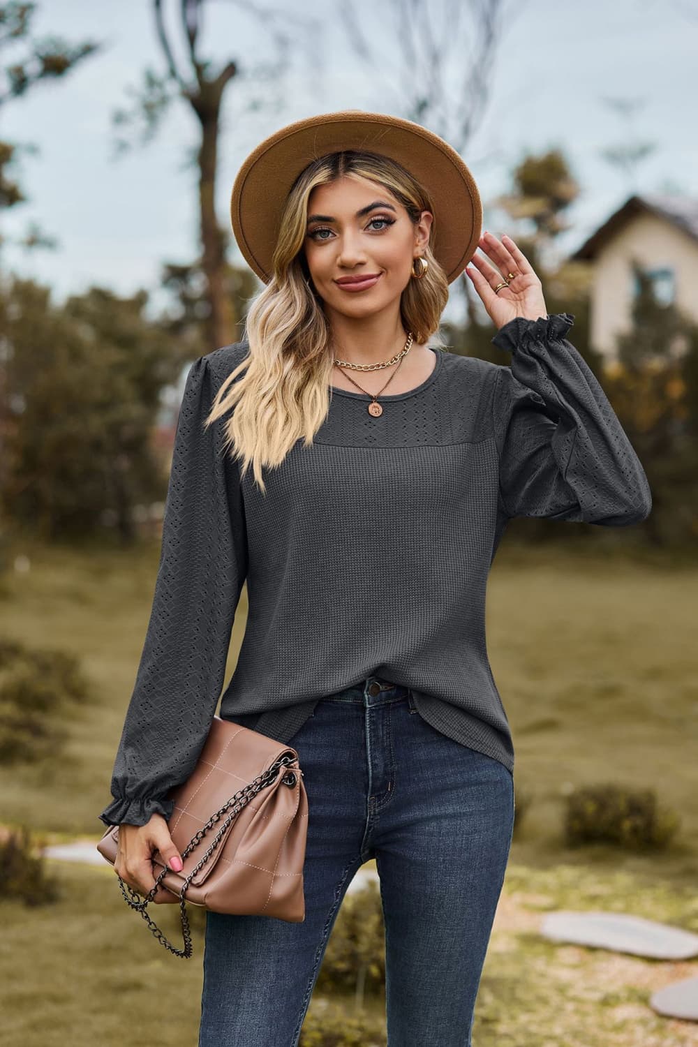 Round Neck Puff Sleeve Blouse BLUE ZONE PLANET