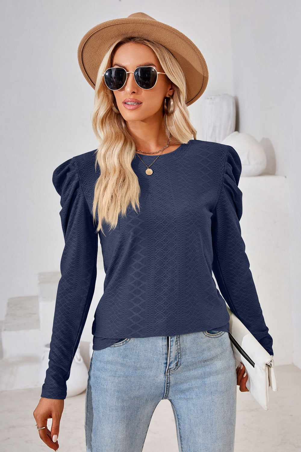 Round Neck Puff Sleeve Blouse BLUE ZONE PLANET