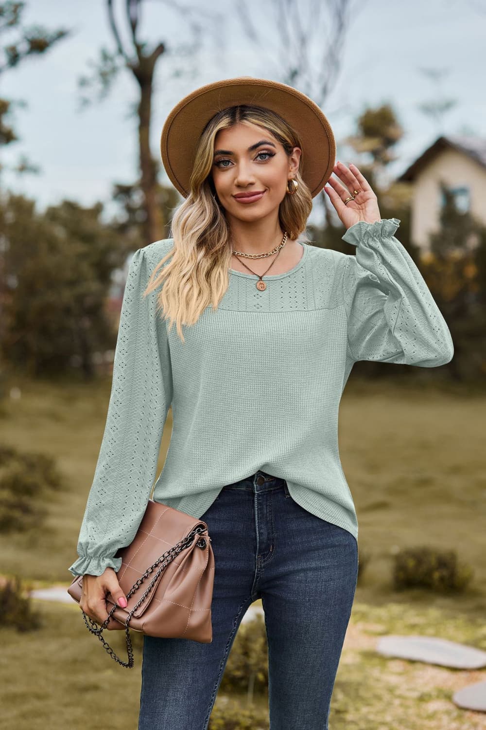 Round Neck Puff Sleeve Blouse BLUE ZONE PLANET