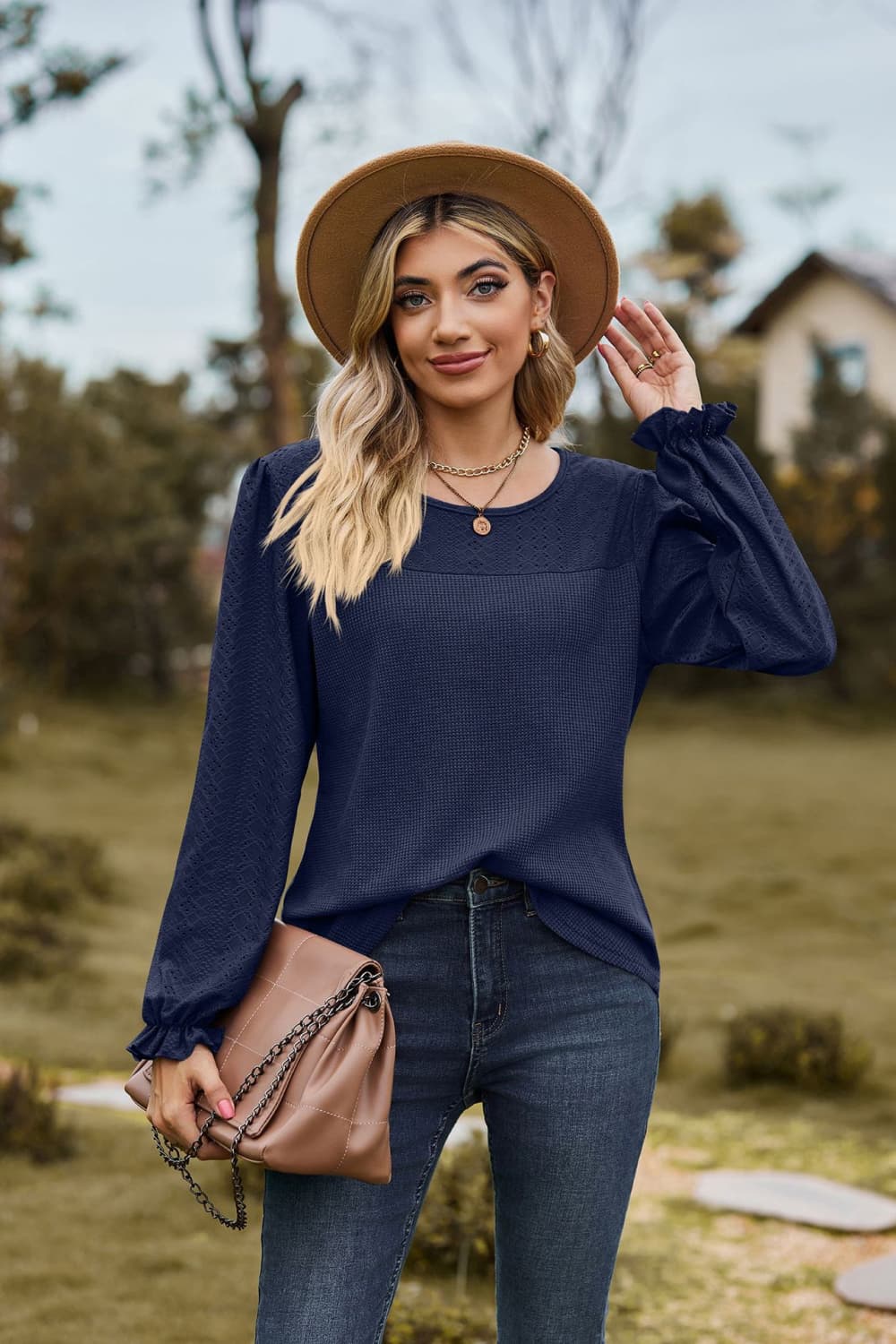 Round Neck Puff Sleeve Blouse BLUE ZONE PLANET