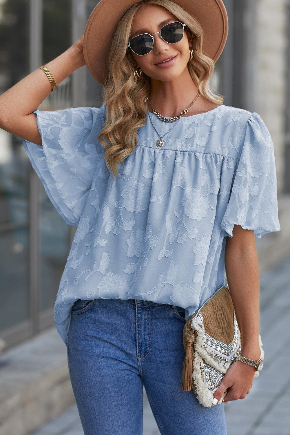 Round Neck Puff Sleeve Blouse BLUE ZONE PLANET