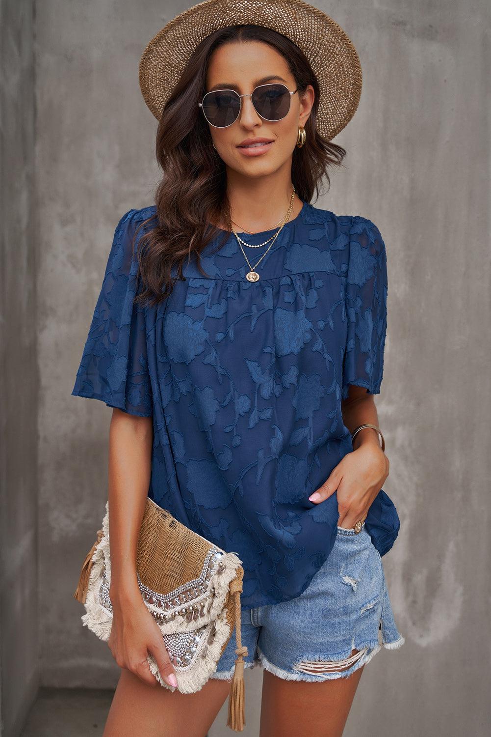 Round Neck Puff Sleeve Blouse BLUE ZONE PLANET