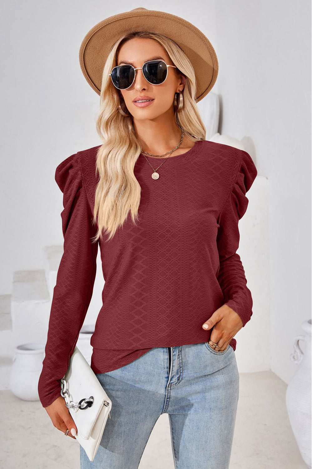 Round Neck Puff Sleeve Blouse BLUE ZONE PLANET