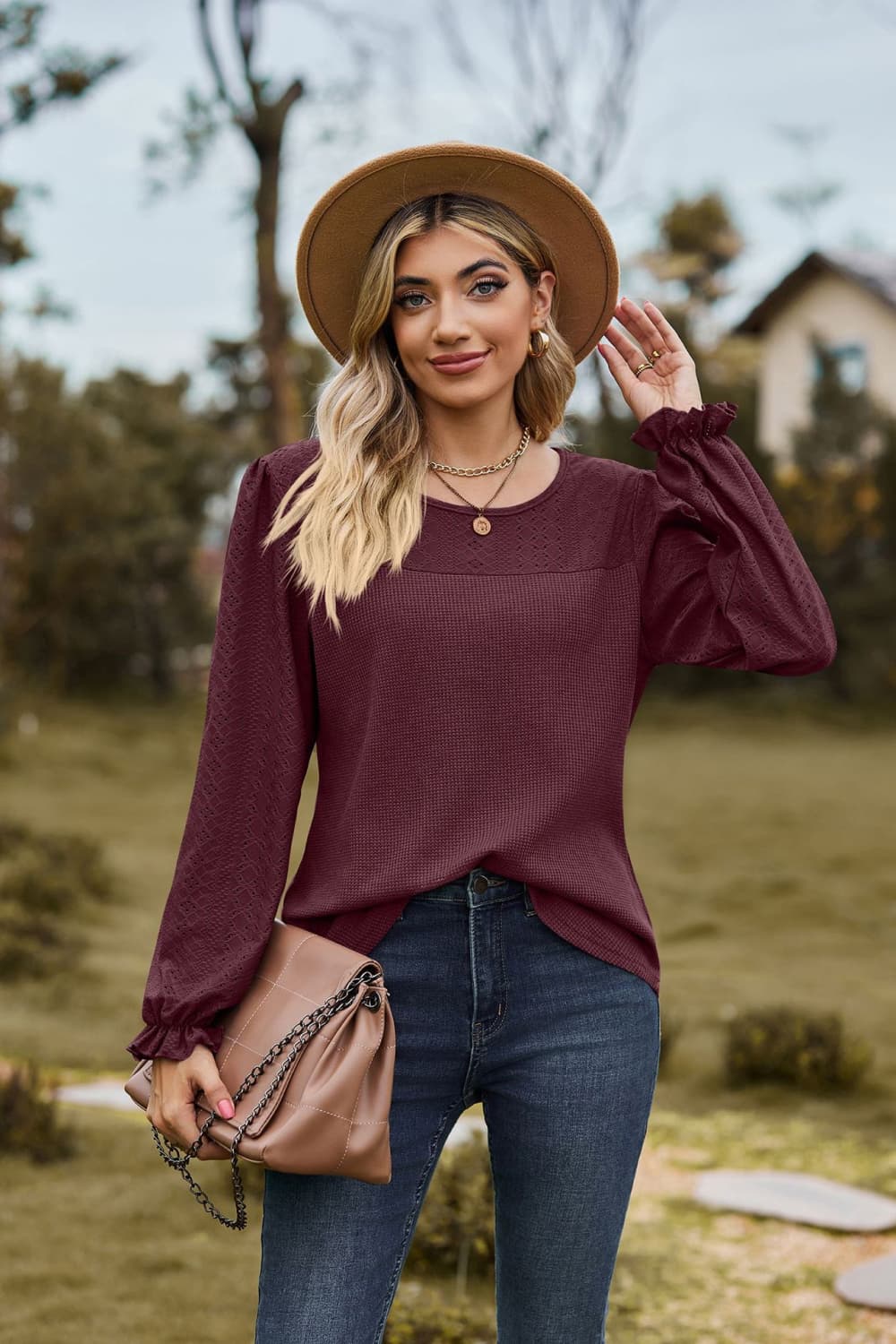 Wine blouse outlet outfit