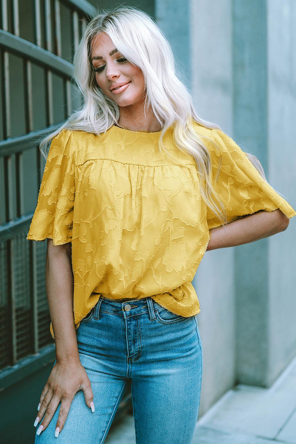 Round Neck Puff Sleeve Blouse BLUE ZONE PLANET